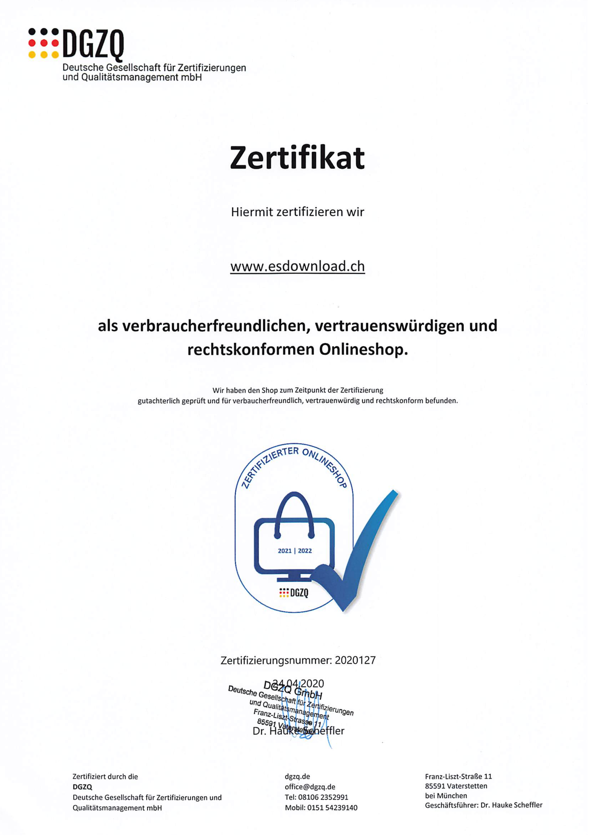 DGZQ zertifizierter Onlineshop für Softwarehandel